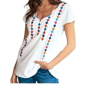 Soft Surroundings Embroidered Diamond Boho V-Neck Short Sleeve Top White Small